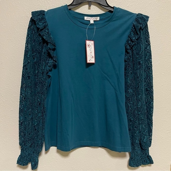 JOY JOY Women's Lace Sleeve Top-Teal Festive Size M - Picture 2 of 6